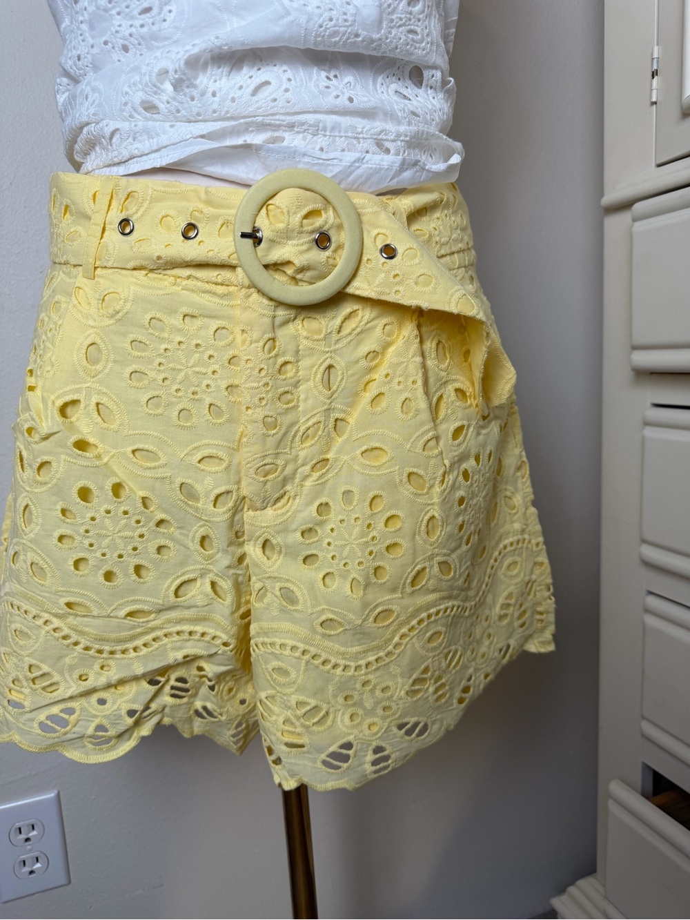High-Waist Yellow Eyelet Belted Shorts